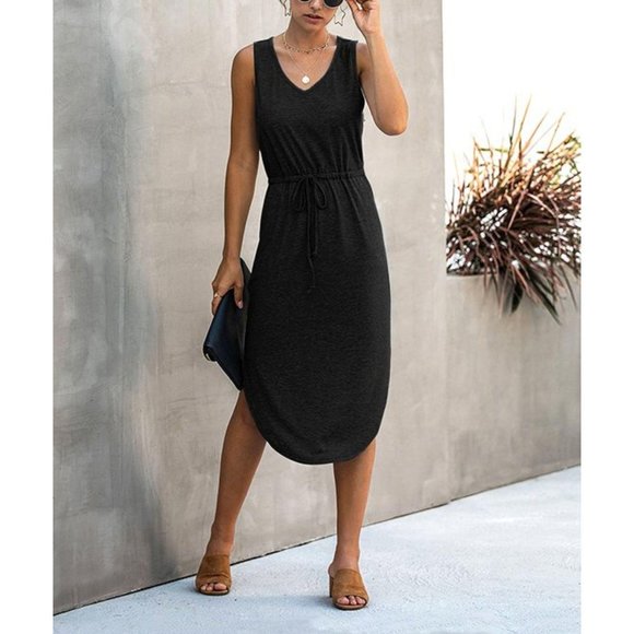 Glam Girl Fashion Dresses & Skirts - NWT Black Sleeveless Drawstring-Waist Midi Dress L